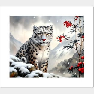 A Proud Snow Leopard Went Hunting, in the Snowy forest, Hight Mountains, Snow Falling, Winter Landscape, Wildlife White Panthera, Watercolor Realistic Illustration, Art, Portrait, Poster, Shirt, Christmas Holiday, Birthday gifts, Hunting lover Posters and Art